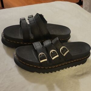 Dr. Martens Black Triple-Buckle Platform Sandals with Yellow Stitching